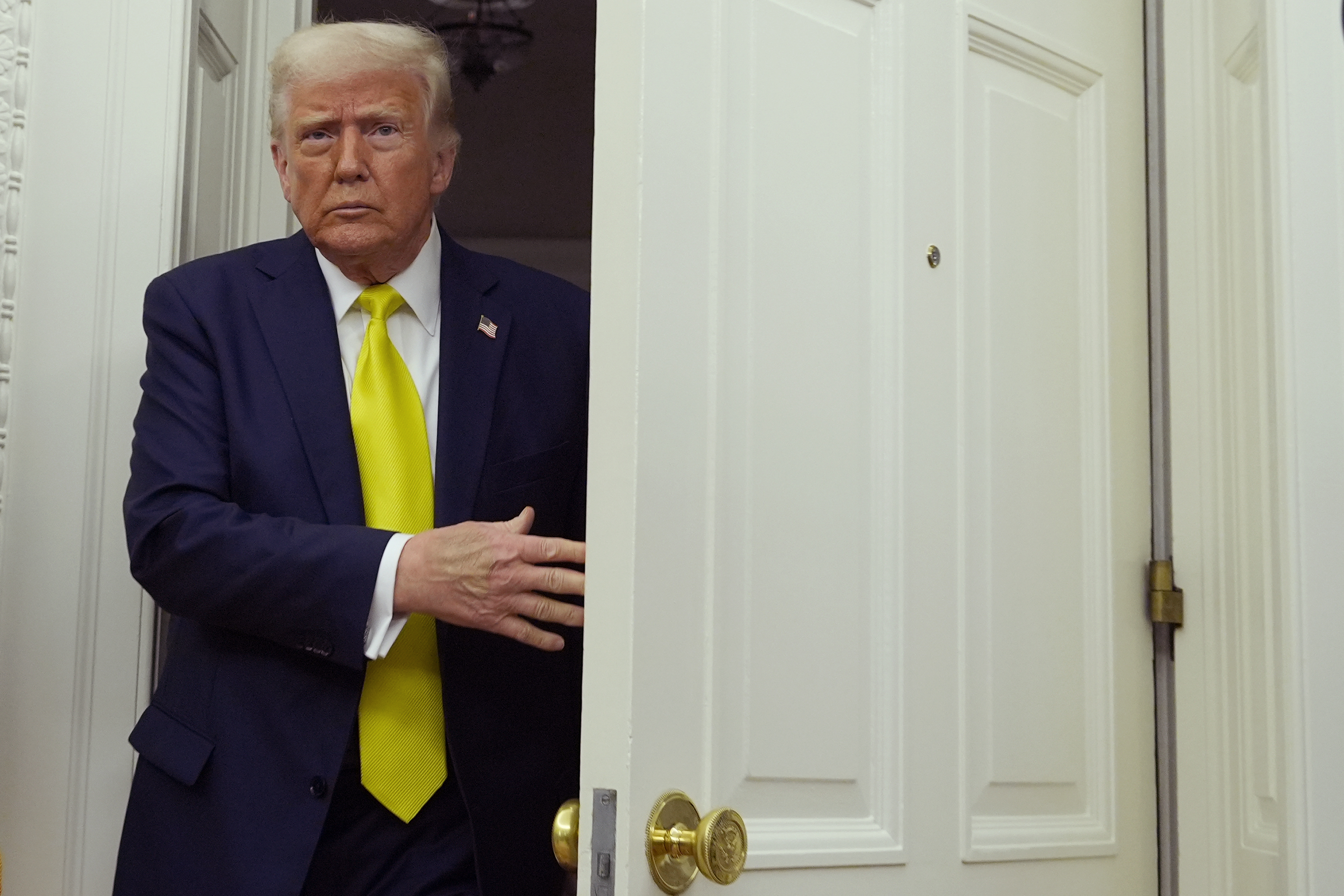 President Donald Trump arrives at a swearing in ceremony for Dr. Mehmet Oz to be Administrator of the Centers for Medicare and Medicaid Services, in the Oval Office of the White House, Friday, April 18, 2025, in Washington. (AP Photo/Alex Brandon)