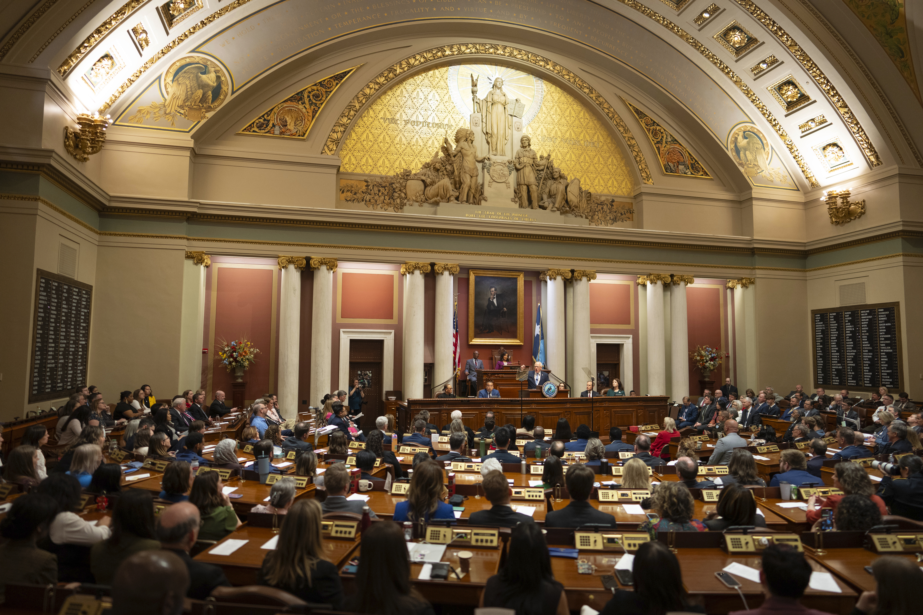 Minnesota Gov. Tim Walz delivers his State of the State address before a joint session of the Legislature at the state Capitol in St. Paul, Minn., Wednesday, April 23, 2025. (Jeff Wheeler/Star Tribune via AP)